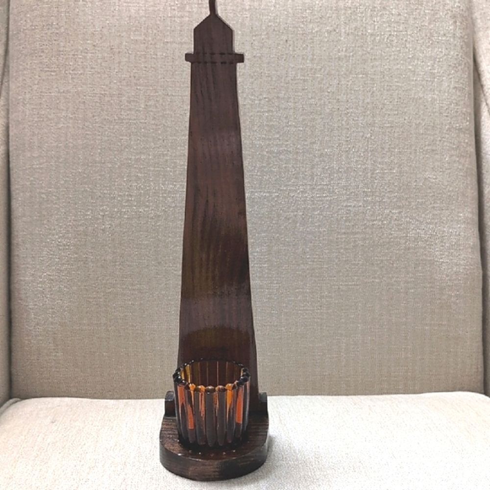 Vintage Hand Crafted Brown Wooden Lighthouse Candle Holder Amber Glass
